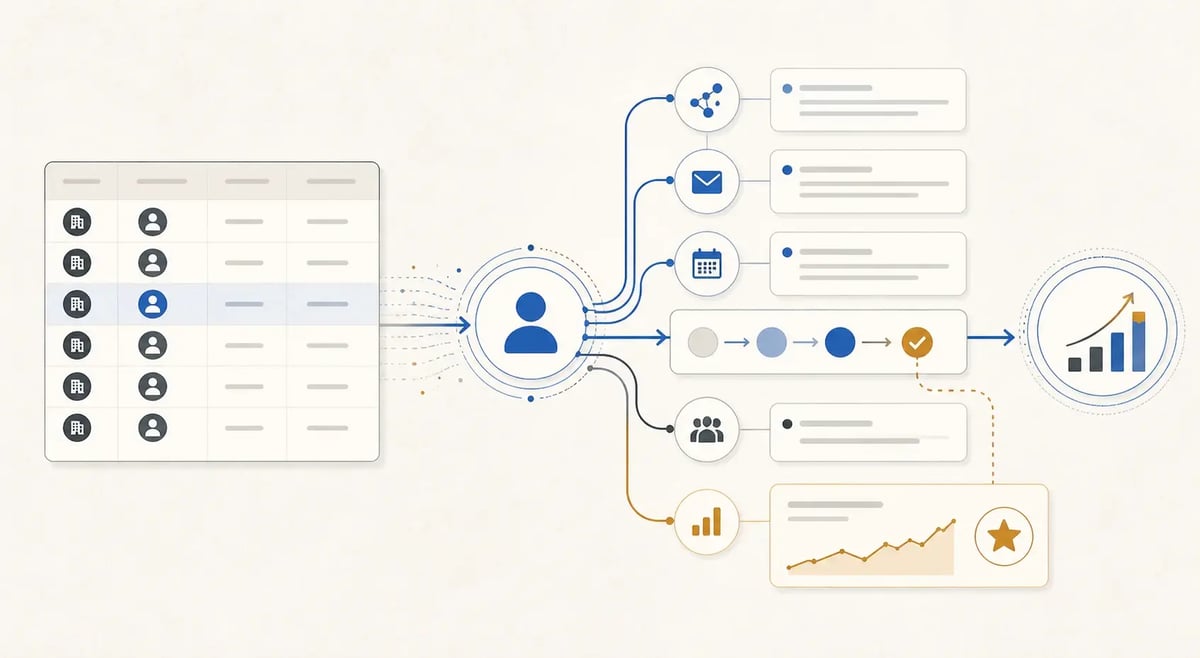 Illustrasjon som sammenligner et enkelt SharePoint-register med en sammenkoblet CRM-kundehistorikk.