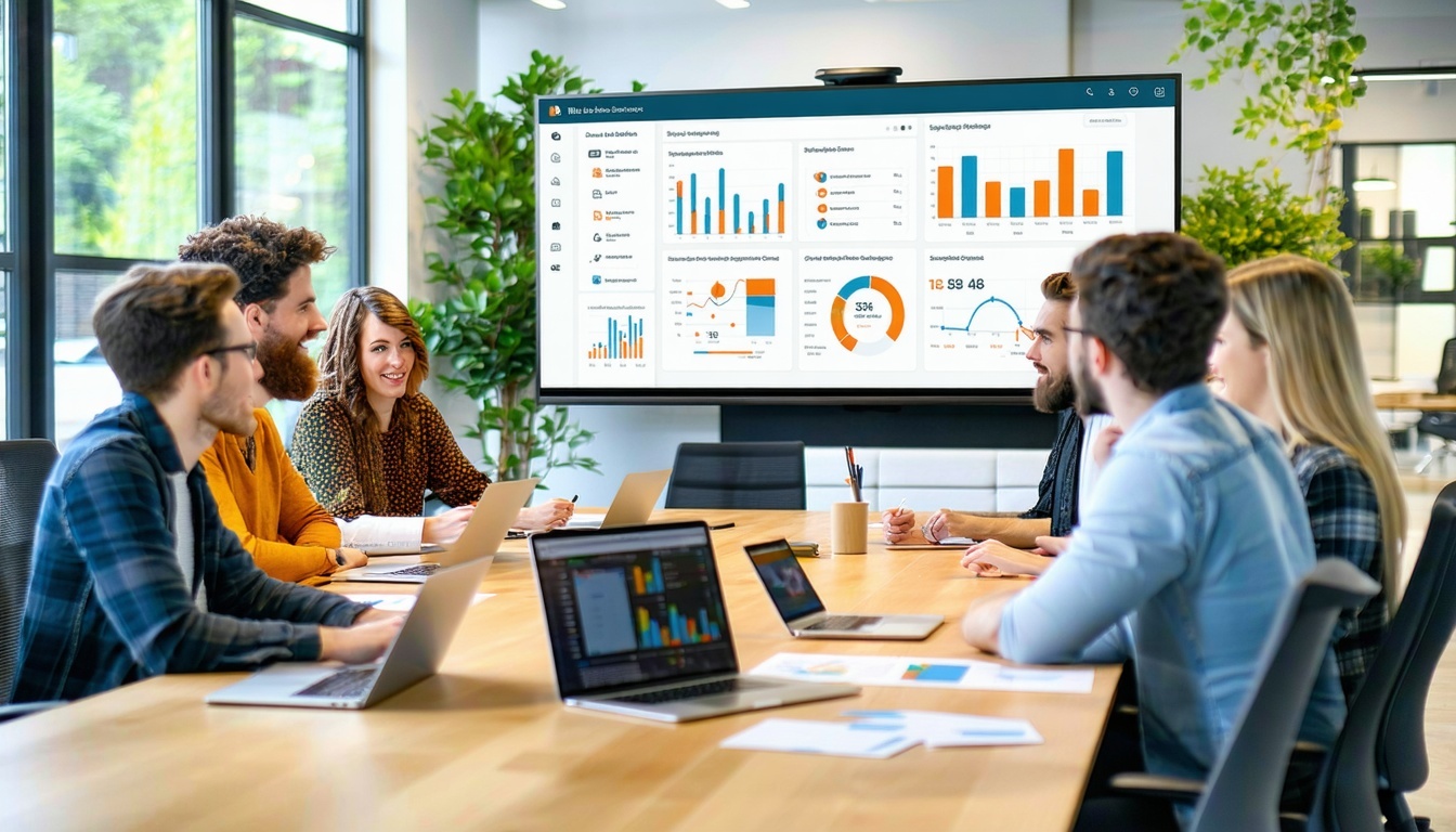 A visually appealing and modern office environment with a diverse team of professionals collaborating around a large conference table The table is covered with laptops digital tablets and colorful charts depicting marketing and sales data A large scr